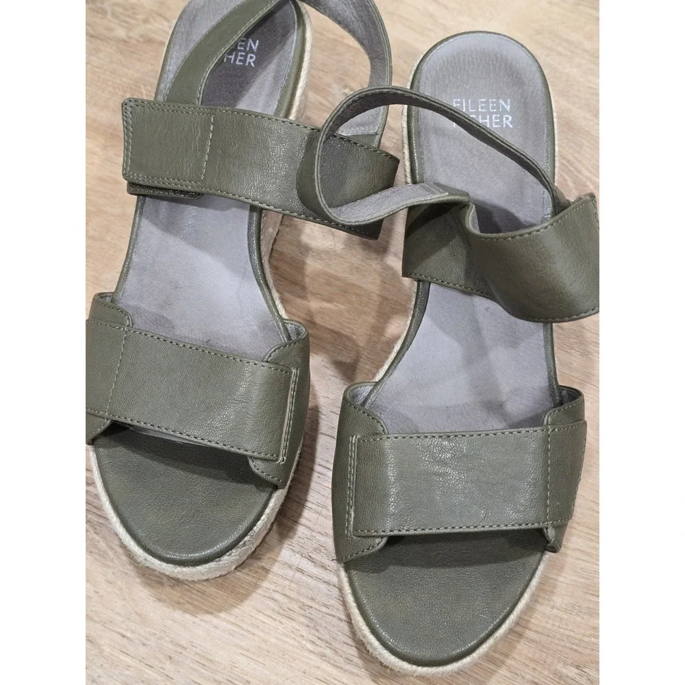EILEEN FISHER Women's Size 8 Olive Green Leather‎ Espadrille Wedge Sandals